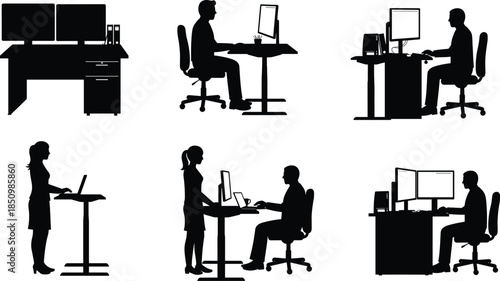 Office workers at desks and standing workstations using computers in modern workplace environment shown as clean silhouette style, cad drawing flat vector illustration
