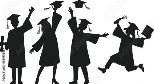 Black silhouette graduate student set throwing cap in air vector illustration college university success celebration graphic element isolated