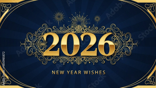 Elegant 2026 New Year wishes with golden ornate frame and fireworks festive celebration background for holiday greetings and invitations