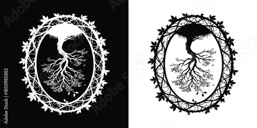 Elegant tree of life illustration isolated on white background, with intricate roots and branches in an oval frame adorned with leaves