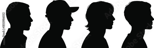 Black silhouette man face profile set hairstyle cap vector illustration male head portrait graphic element isolated on white background