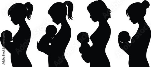 Black silhouette mother holding baby set breastfeeding newborn woman child care vector illustration graphic element isolated on white background