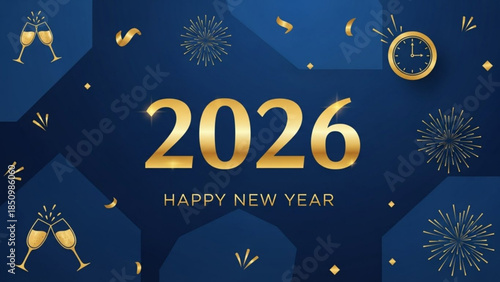 Golden 2026 Happy New Year text with fireworks and champagne glasses festive celebration background for event invitation and greeting card