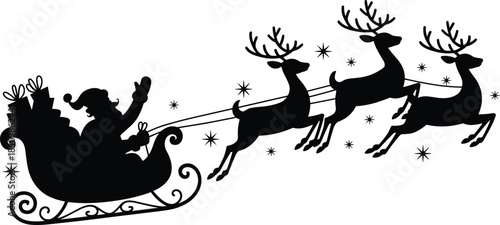 Black silhouette Santa Claus riding sleigh with reindeer flying vector illustration Christmas holiday gift delivery design graphic element isolated