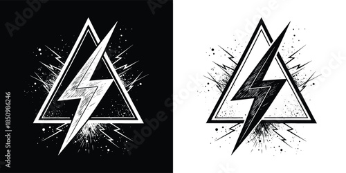 Grunge lightning bolt inside triangle isolated on white background, a striking symbol of power and energy, perfect for edgy designs and modern aesthetics