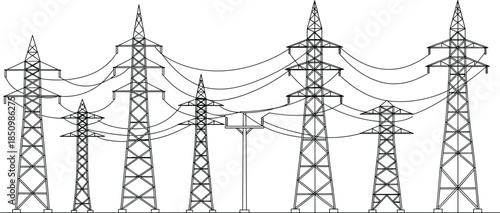 High voltage power transmission towers with electrical grid lines, energy infrastructure landscape for engineering and utility design, cad drawing flat vector illustration