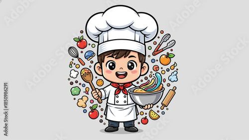 Cute cartoon chef boy holding cooking utensils and ingredients.