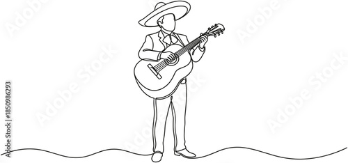 Continuous line art of mariachi musician wearing sombrero playing acoustic guitar, Mexican culture traditional folk music performer minimalist vector drawing