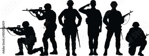 Black silhouette soldier set military army vector illustration combat war special forces infantry saluting aiming gun graphic element isolated