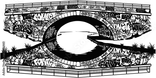 Urban bridge covered in graffiti street art reflected in river water, black and white detailed architectural illustration with reflection.