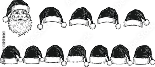 Santa hats collection with vintage Santa face, hand drawn Christmas hat set for holiday design, festive sketch artwork, cad drawing flat vector illustration