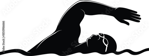 Black silhouette swimmer swimming freestyle crawl stroke vector illustration sport athlete pool water graphic element isolated on white background