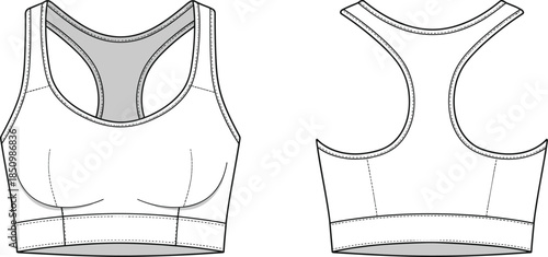 Sports bra technical flat sketch, activewear racerback top design, fitness garment template with stitching details, apparel fashion outline, cad drawing flat vector illustration