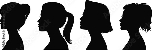 Black silhouette woman face profile set hairstyle ponytail bob vector illustration female head portrait graphic element isolated on white background