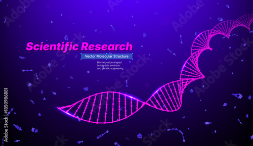 Scientific research vector banner with pink DNA helix on blue background. Concept of genetic engineering, biotech and medtech innovation for molecular biology, genome evolution and medicine.