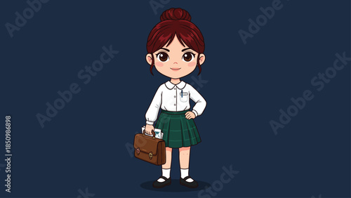 Cute cartoon girl in school uniform holding a bag.