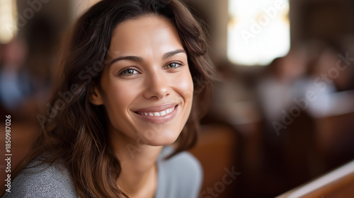 Wallpaper Mural Faceless portrait of smiling catholic or mormon people on blurred background of church, religious people believer christian, faithful congregation members, defocused happy faces, w Torontodigital.ca