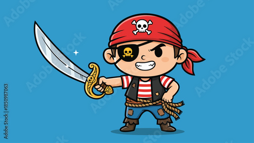 Cute Cartoon Pirate Boy Holding a Sword.