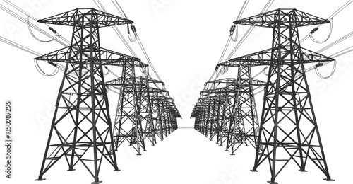 High voltage electric transmission towers with power lines, industrial energy grid infrastructure landscape, steel lattice pylons perspective view, cad drawing flat vector illustration