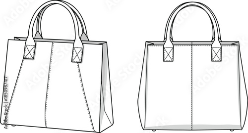 Handbag tote bag design template with stitching details, fashion accessory mockup, leather bag technical sketch, sewing pattern layout, cad drawing flat vector illustration