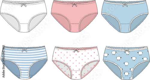 Girls pastel underwear panties set with cute patterns, fashion garment template, seamless textile design, kids clothing mockup, cad drawing flat vector illustration