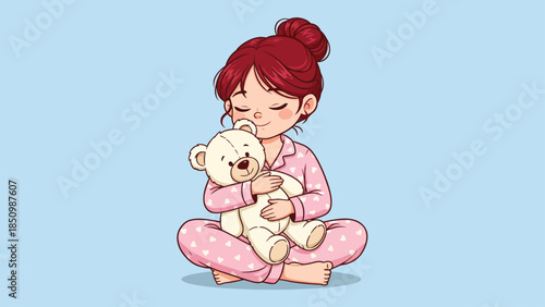 Cute girl in pajamas hugging teddy bear.