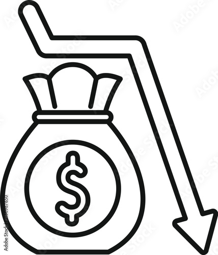 Money bag with decreasing arrow, symbolizing economic decline, investment loss, or budget reduction