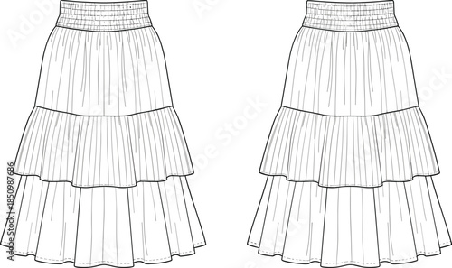 Women tiered midi skirt technical fashion flat sketch front and back view smocked waistband cad vector illustration