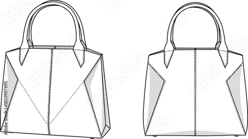 Modern handbag design CAD drawing flat vector illustration, technical fashion sketch, geometric tote bag template, accessory construction blueprint