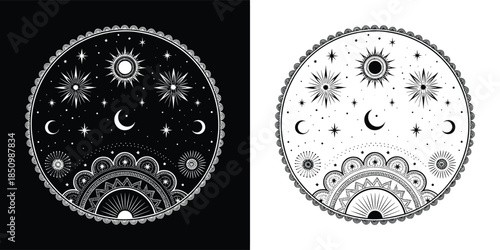 A mesmerizing black and white illustration of celestial bodies in a circular design, isolated on white background, evoking a sense of cosmic wonder