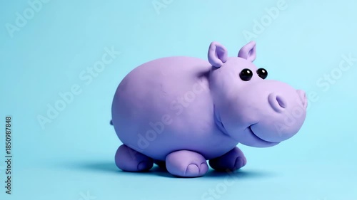 Cute Purple Hippo Toy on a Light Blue Background, Playful Animal Figure for Childrens Content.
