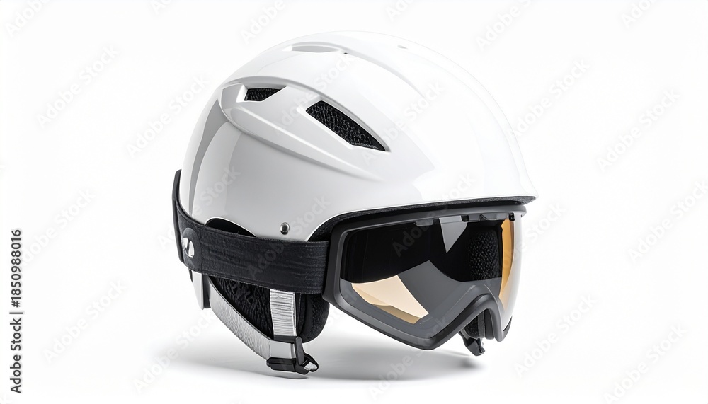 Fototapeta premium White helmet with goggles designed for winter sports used in snowy conditions for safety and protection