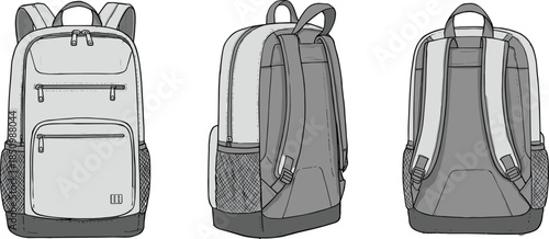Backpack technical design template, detailed front side and back views, modern travel school bag sketch, product construction outline, cad drawing flat vector illustration