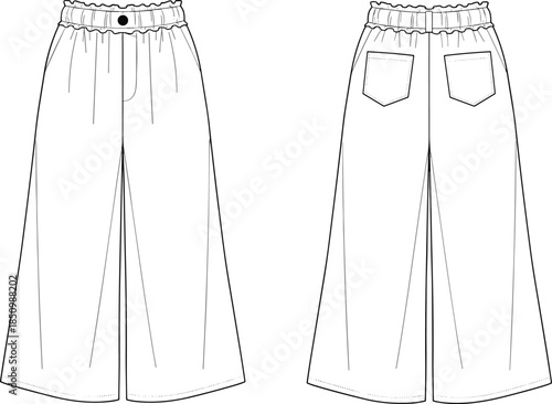 Women wide leg pants technical fashion flat sketch front and back view elastic paperbag waist cad vector illustration