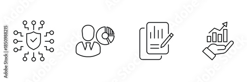 Data management icon set, cybersecurity network shield, analyst with chart, financial report document, investment growth analytics hand outline illustration.