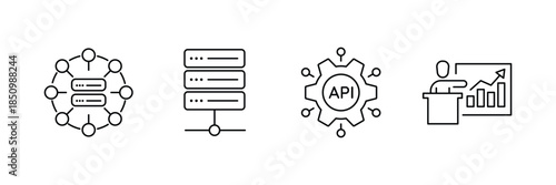 Data infrastructure icon set, distributed server network, database rack connection, API integration gear, business presentation growth chart outline illustration.