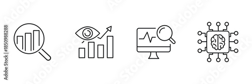 Architecture workflow icon set, engineer reviewing plan, project team meeting, site layout supervision, city building inspection professional outline illustration.