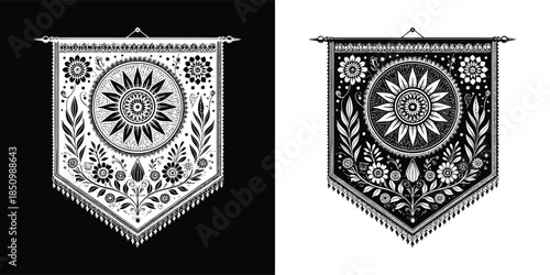 A captivating black and white illustration showcases a vintage banner with intricate floral and sunburst designs, evoking a sense of timeless elegance