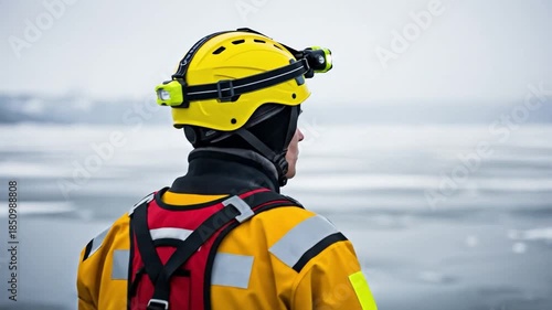 Rescue Worker in Yellow Suit on Icy Waters: A Winter Safety Scene for Emergency Responses