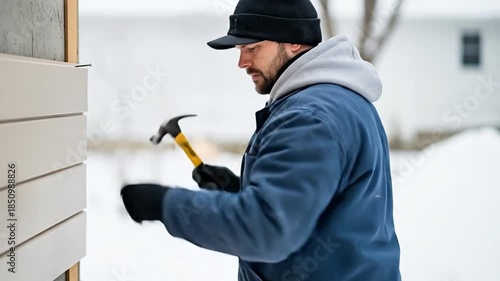 Skilled Male Carpenter Installing Siding in Winter Conditions on Residential Home Exterior