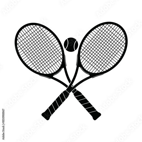 Crossed Tennis Rackets with Ball Silhouette Illustration.