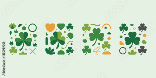 Four stylized green shamrock illustrations with small decorative elements on a light square background