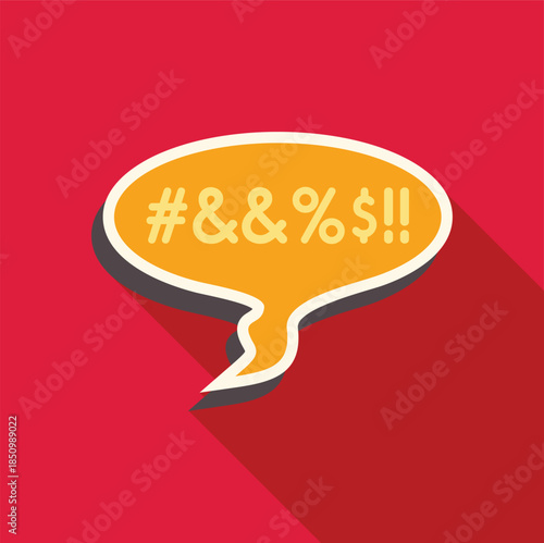 Yellow speech bubble with censored bad words using symbols is expressing negative feelings on a red background