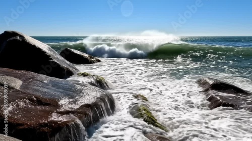 Waves Crashing Over Rocks on Shoreline on Sunny Day