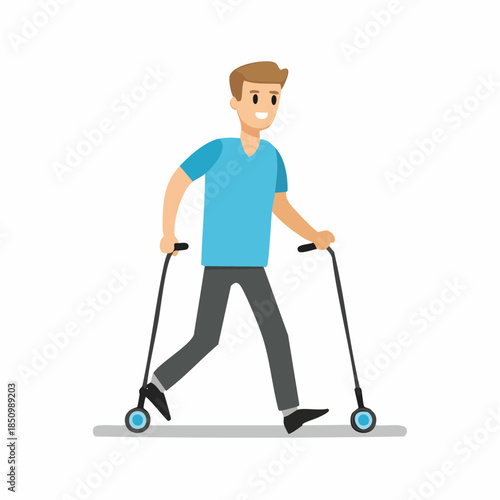 Smiling Man Enjoying a Recreational Stroll with Modern Handheld Pedal Exerciser Equipment for Fitness