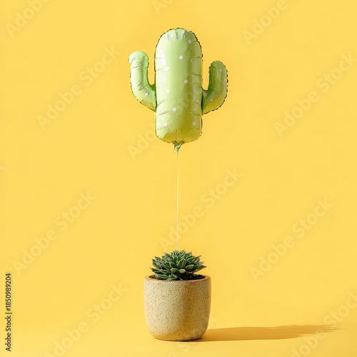 Cactus balloon tied to potted succulent on bright yellow background