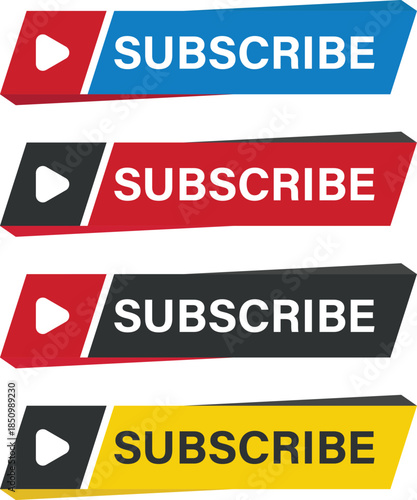 Set of colorful subscribe buttons with play icon on white background
