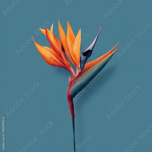 Bird of Paradise flower, orange and blue hues, on a muted teal background