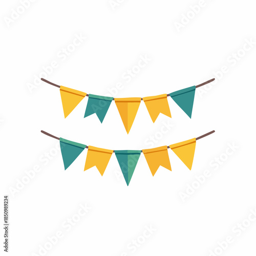 Two decorative strings of triangular festive bunting flags in yellow and green