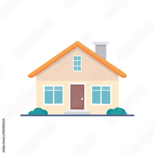 Simple One Story Home with Gable Roof and Chimney Flat Vector Illustration